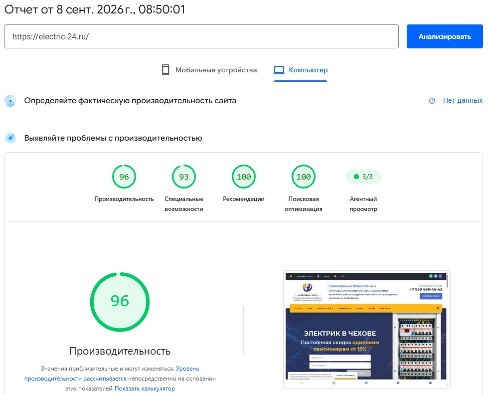 Увеличение скорости главной страницы сайта на ПК